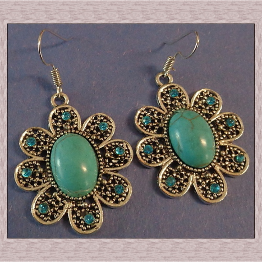 Tibetan Silver & Turquoise Flower Design Earrings